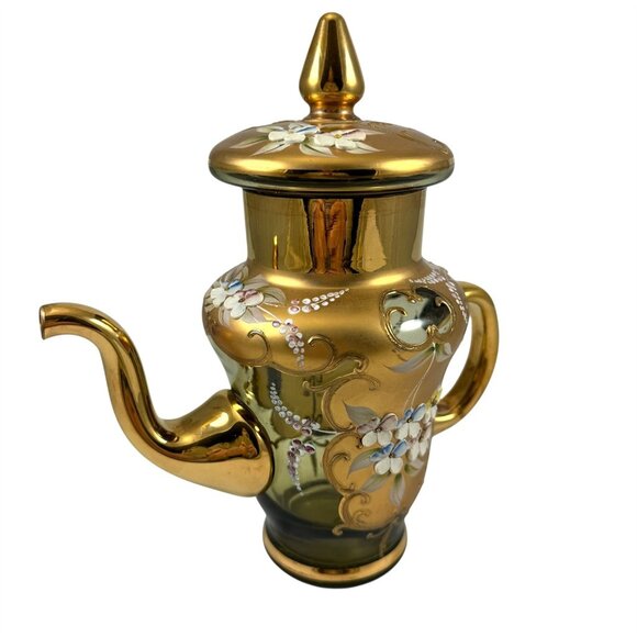 Venetian Green Glass Teapot 24K Gold Overlay Murano Hand Painted Enamel Flowers - Picture 3 of 11